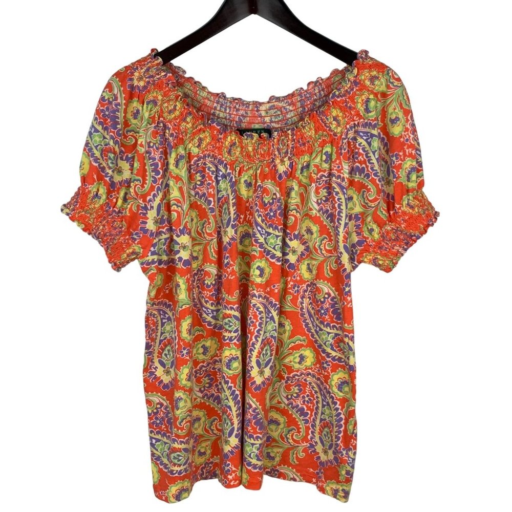 Lauren Ralph Lauren Paisley Stretchy Smocked Trim Blouse Size 2X